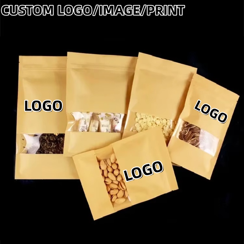 Logo Food Snack - Düz Tabanlı Kraft Kağıt Kilitli Poşetler